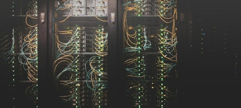 Network server racks with illuminated cables and connection ports